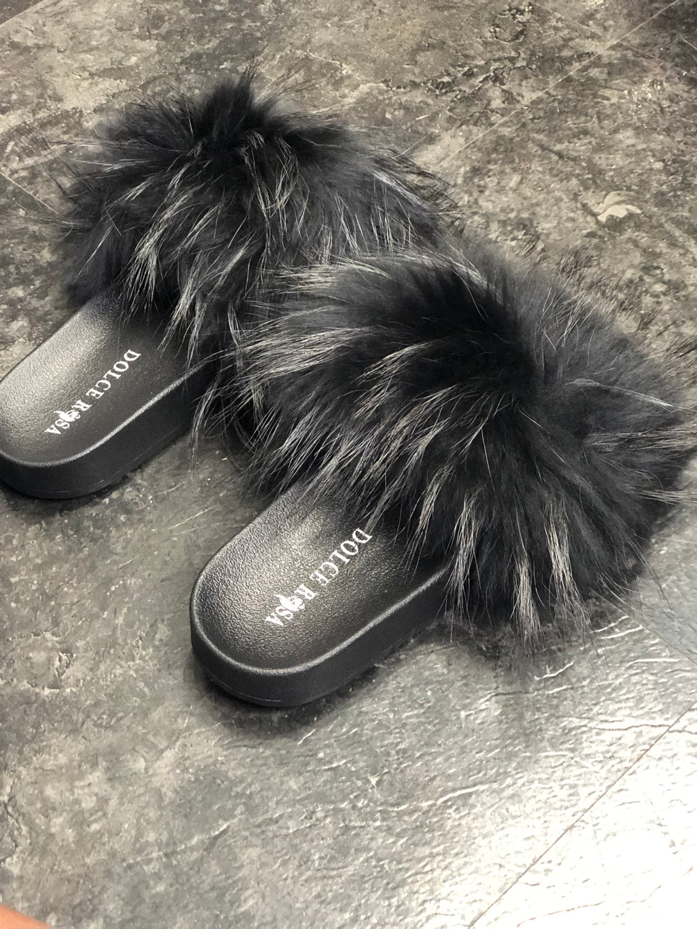Raccoon Fur slides - Dolce Rosa