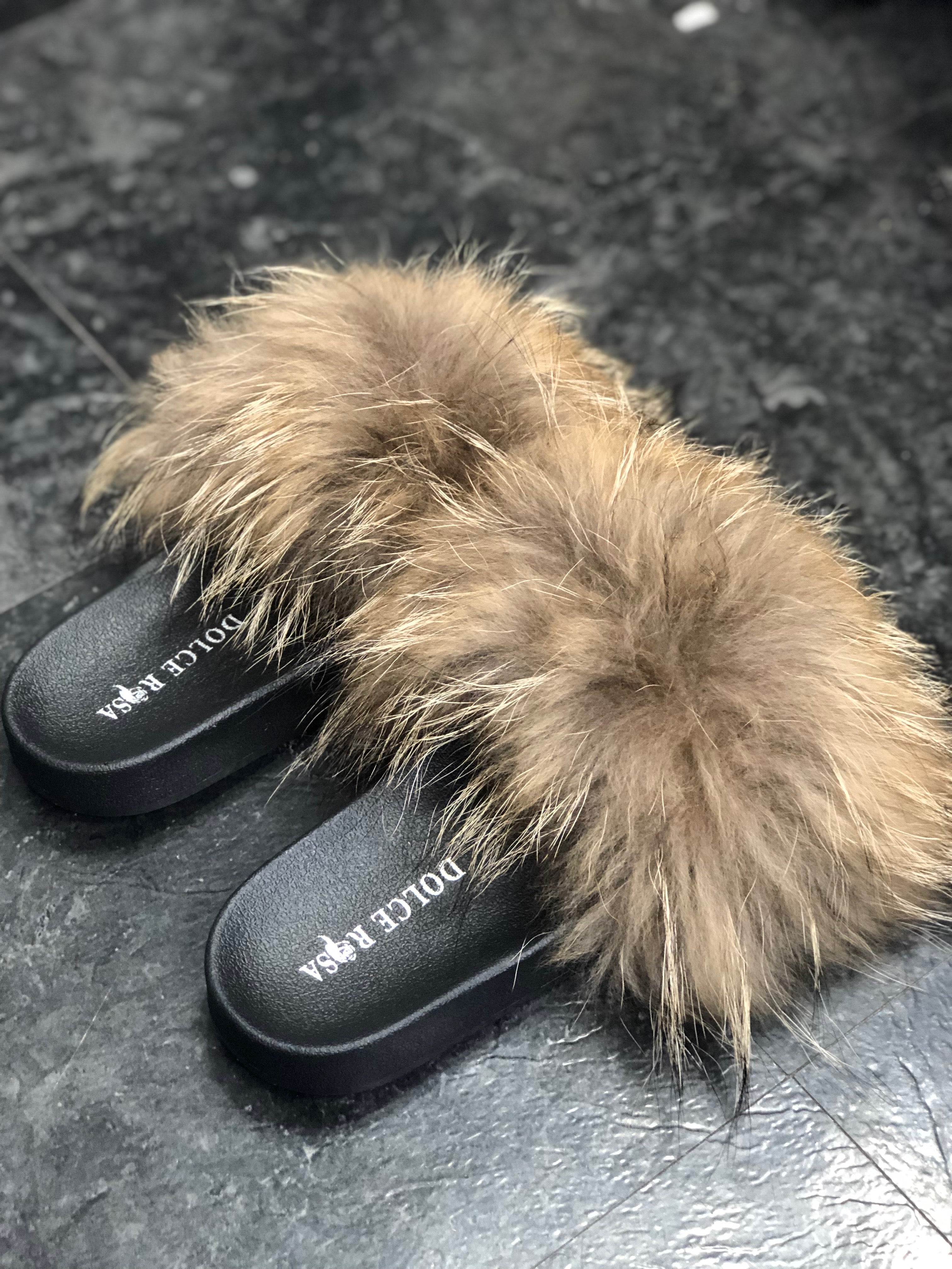 Raccoon Fur slides - Dolce Rosa